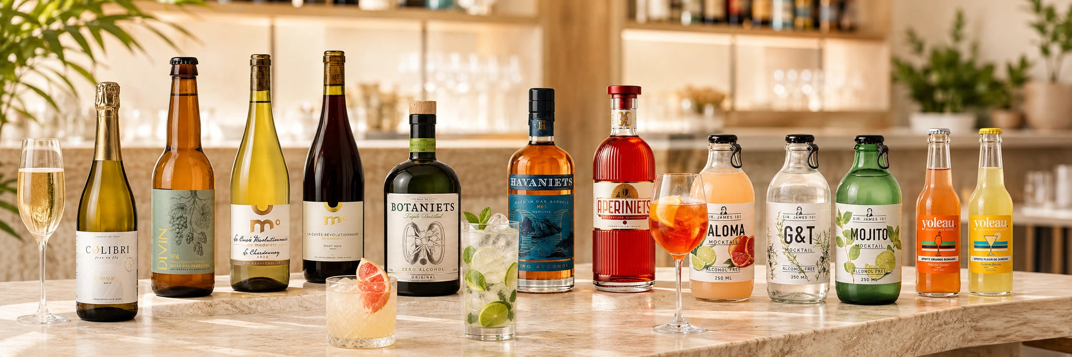 Wide modern bar display of alcohol-free drinks from Sober Table, featuring sparkling wine, wine, beer, aperitifs, distilled spirits and mocktails arranged with elegant served drinks in a stylish light interior.