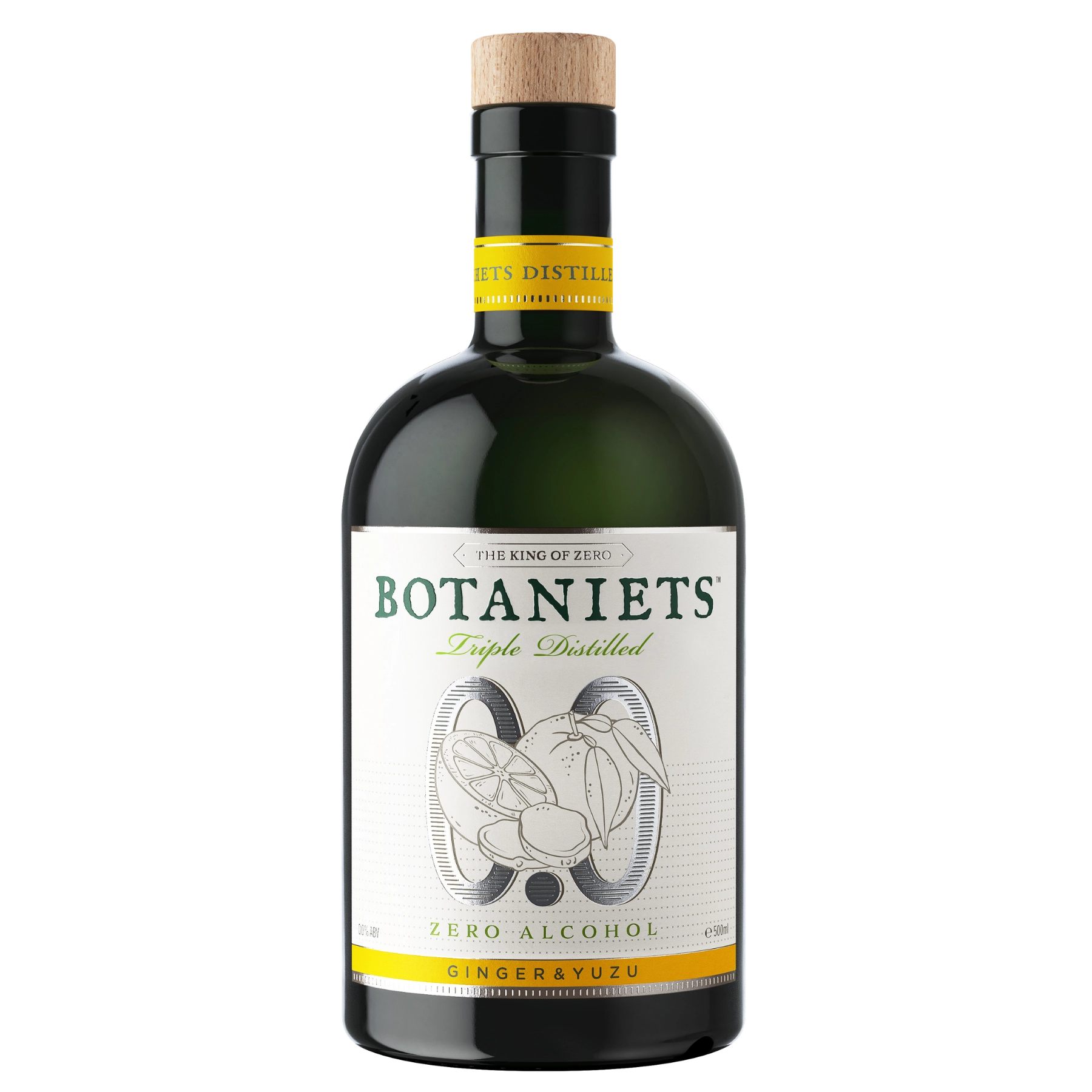 Botaniets Ginger and Yuzu alcohol-free botanical spirit 0.0% bottle 500 ml isolated on white background.