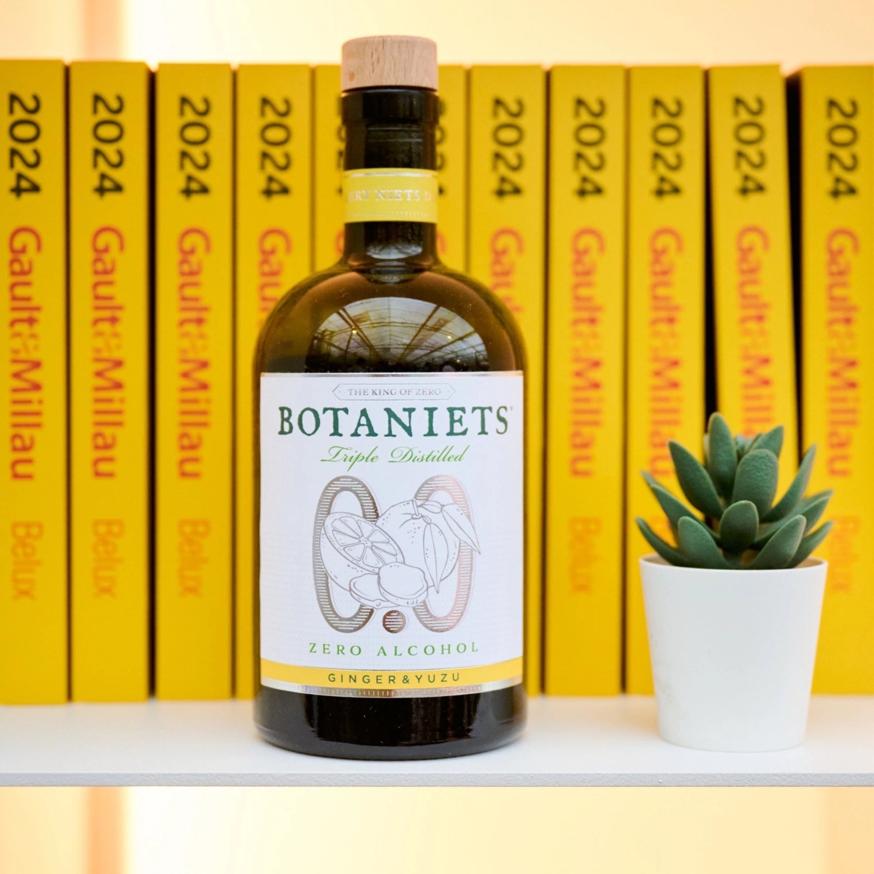 Botaniets Ginger and Yuzu alcohol-free botanical spirit bottle displayed on a shelf with books and plant.