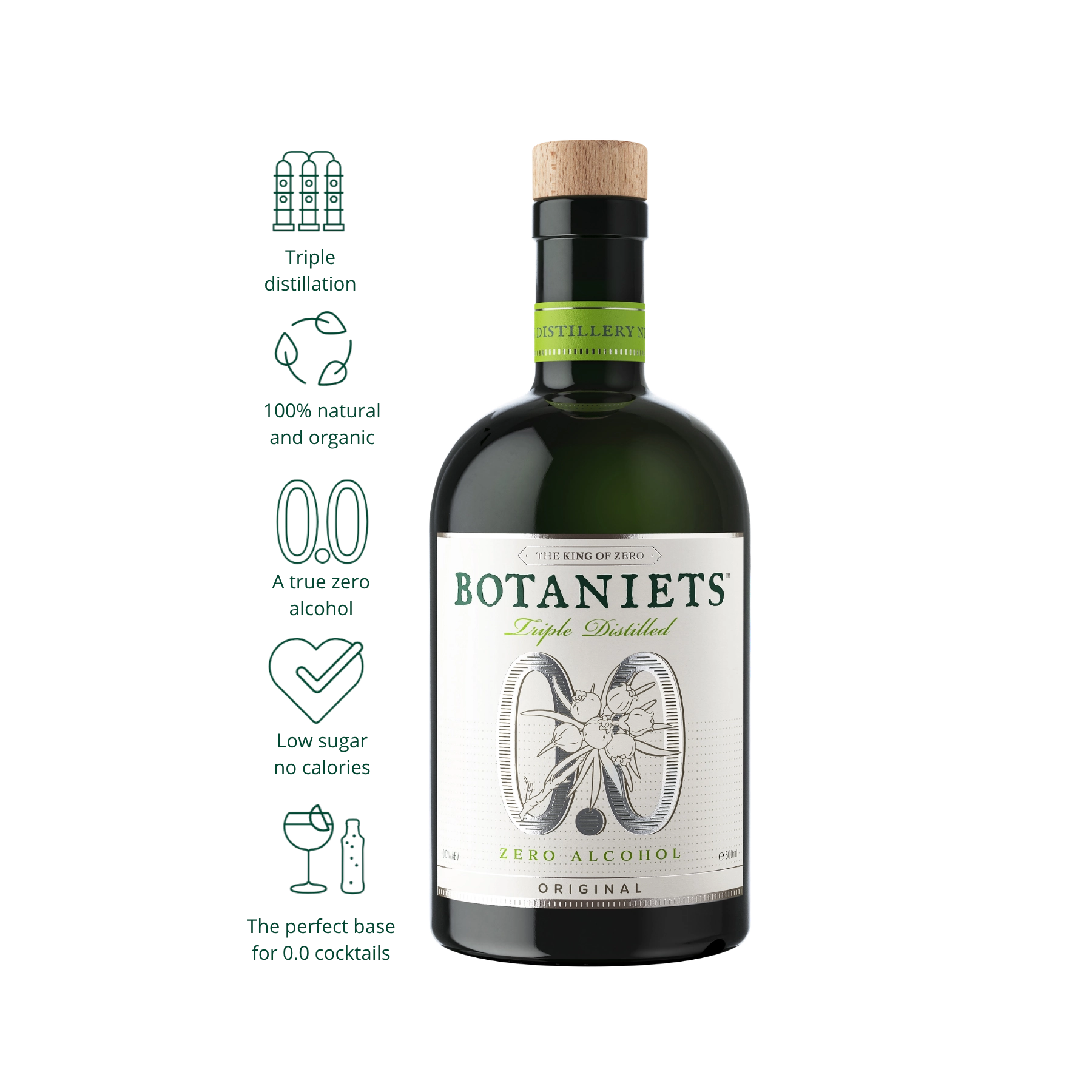 Botaniets Original alcohol-free spirits 0.0% triple distilled with natural ingredients and zero alcohol features.
