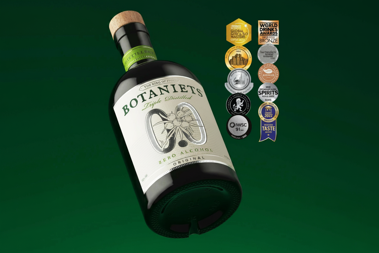 A bottle of Botaniets Organic Whiskered Zero Alcohol Gin is shown floating at an angle against a dark background, accompanied by a vertical row of award badges on the right.