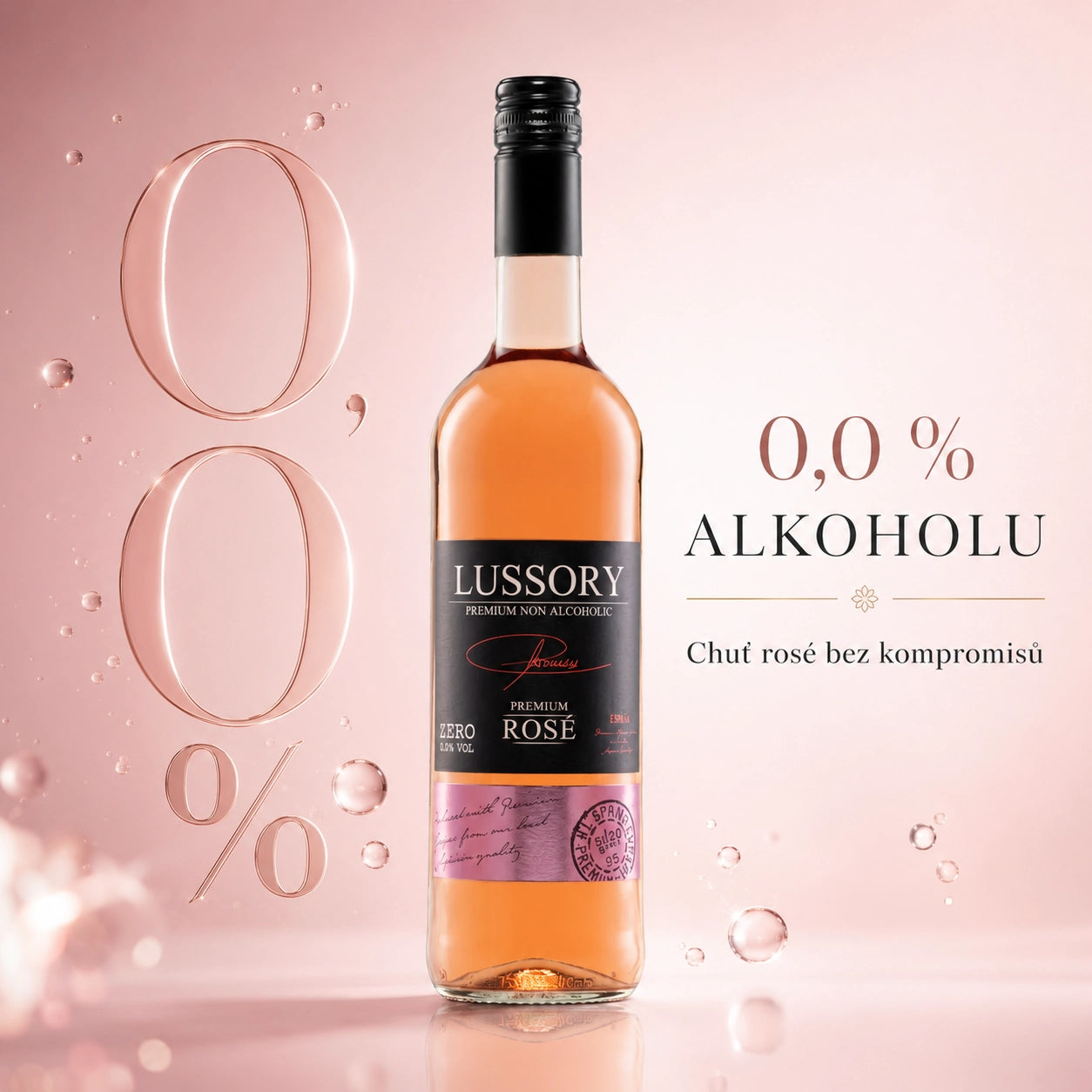 Lussory Premium Rosé 0.0% alcohol-free wine bottle with zero alcohol concept background.