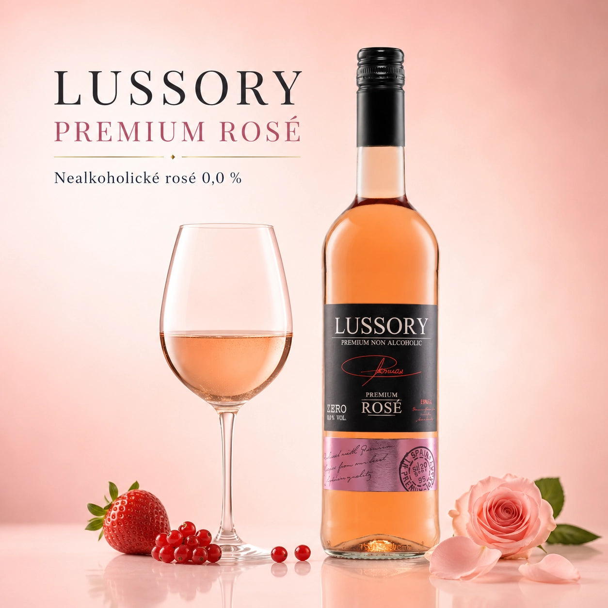 Lussory Premium Rosé alcohol-free wine 0.0% bottle with glass and berry garnish.