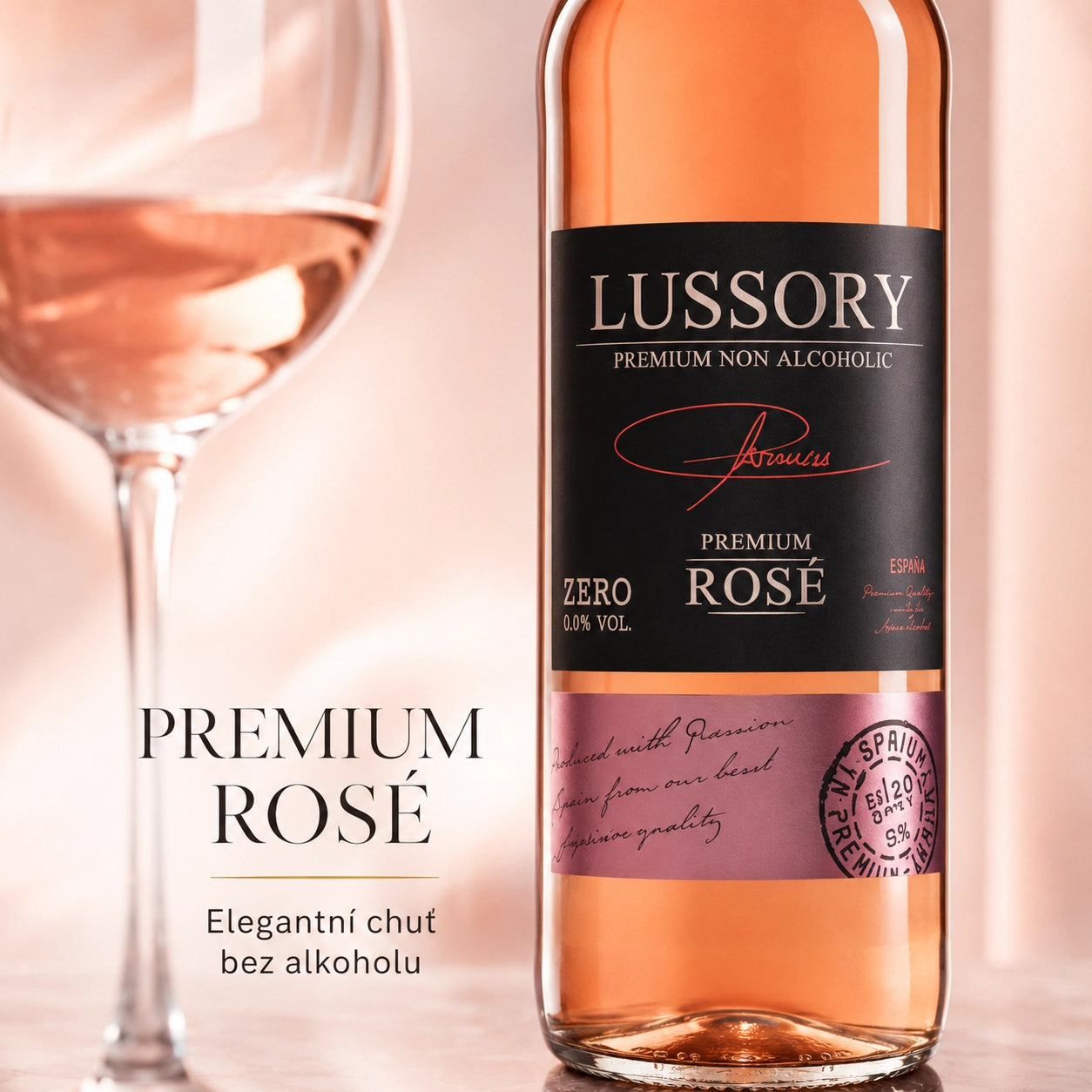 Lussory Premium Rosé alcohol-free wine bottle close-up elegant label detail.