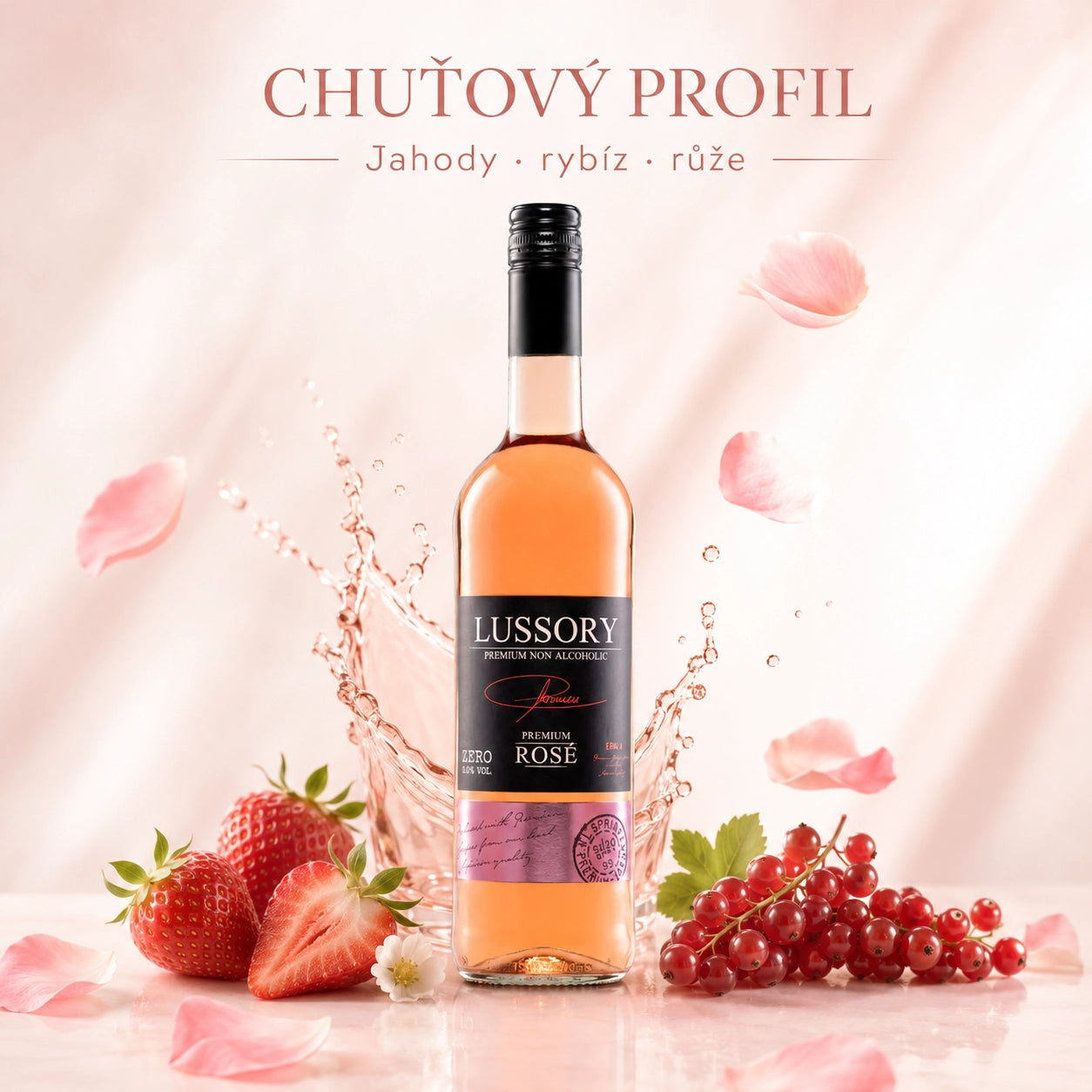 Lussory Premium Rosé alcohol-free wine with strawberry, redcurrant and rose flavour profile.