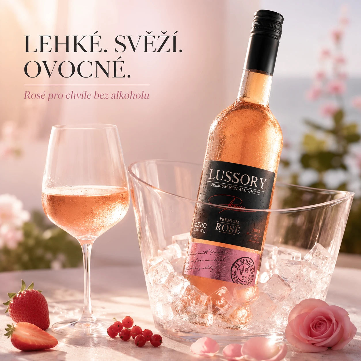Lussory Premium Rosé alcohol-free wine served chilled in ice bucket with glass.