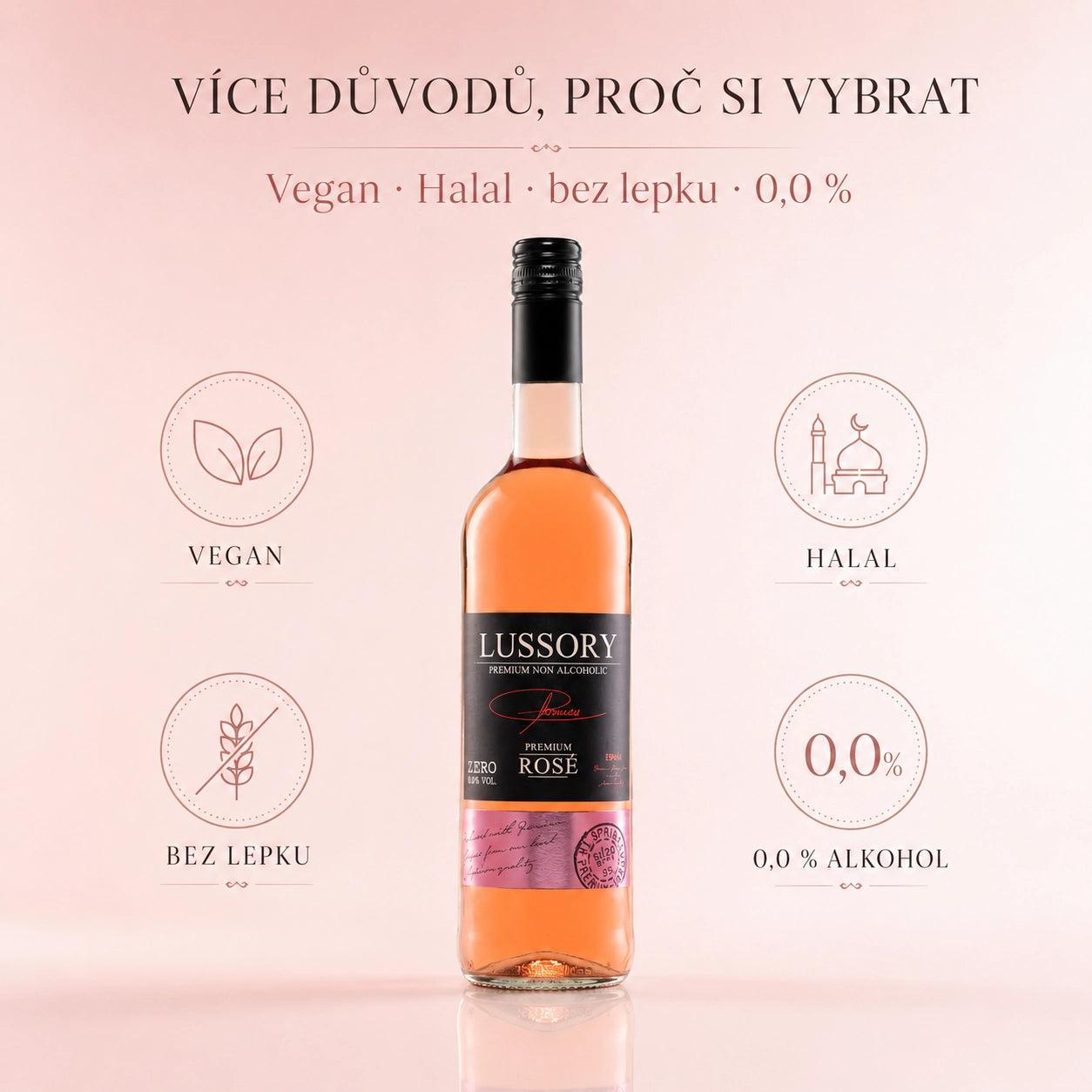 Lussory Premium Rosé alcohol-free wine vegan halal gluten-free 0.0% features.