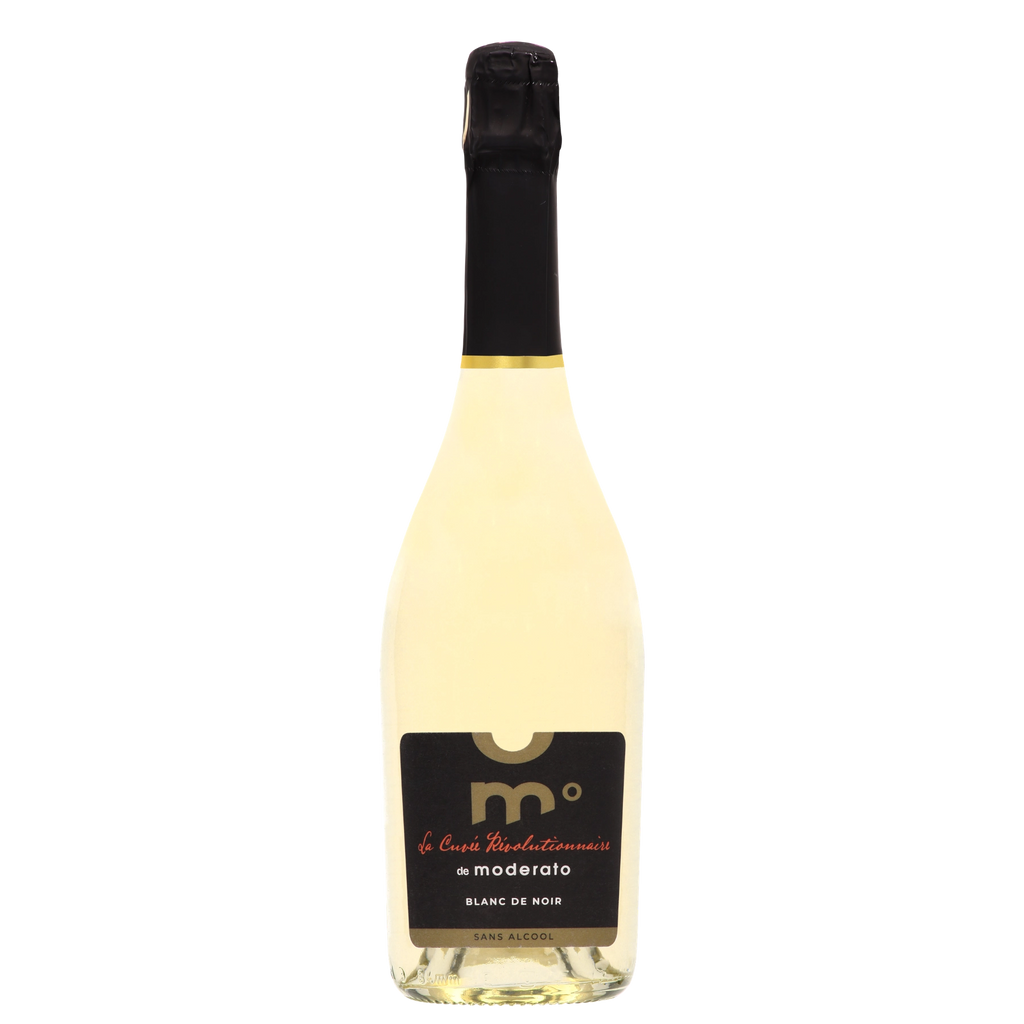 Moderato Cuvée Révolutionnaire Blanc de Noir Merlot alcohol-free sparkling wine under 0.5% ABV bottle from France, 750 ml.