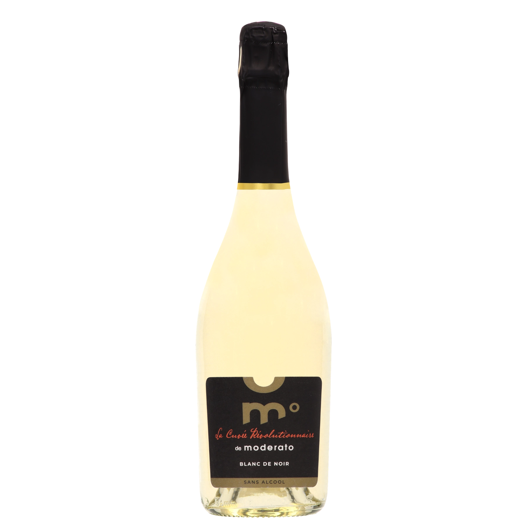 Moderato Cuvée Révolutionnaire Blanc de Noir Merlot alcohol-free sparkling wine under 0.5% ABV bottle from France, 750 ml.