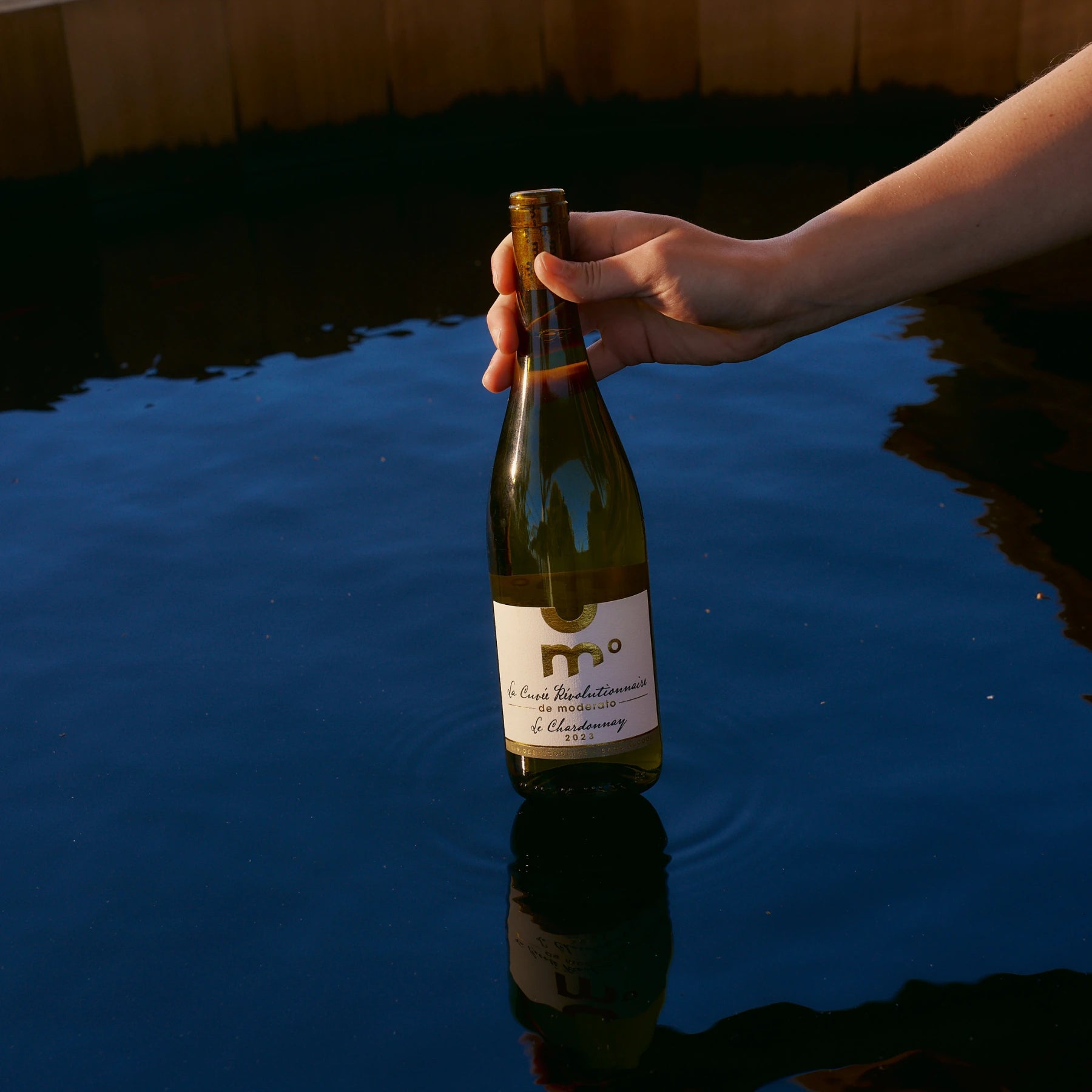Moderato Chardonnay alcohol-free white wine bottle held over water, minimal and artistic outdoor scene.