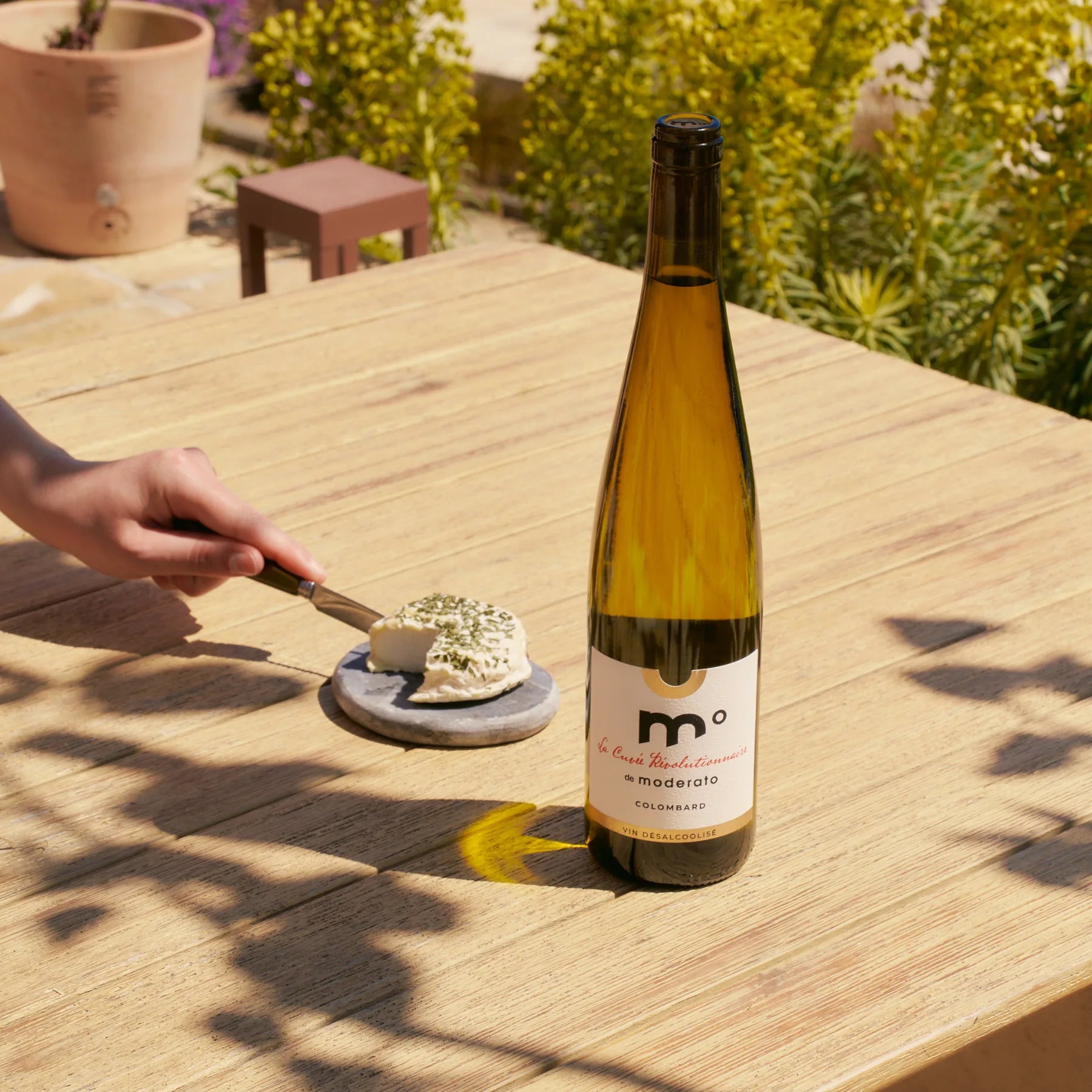 Moderato Cuvée Révolutionnaire Colombard alcohol-free white wine paired with soft cheese on wooden table