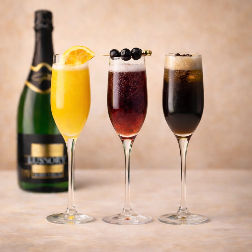 Alcohol-free mocktail trio set inspired by mimosa, kir royal and espresso cocktails with sparkling wine base.
