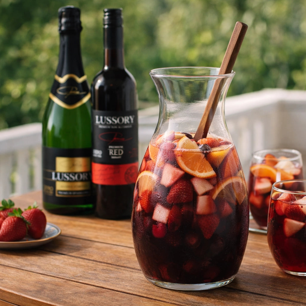 Alcohol-free red sangria with Lussory non-alcoholic wine, fresh strawberries, citrus and ice, served outdoors.