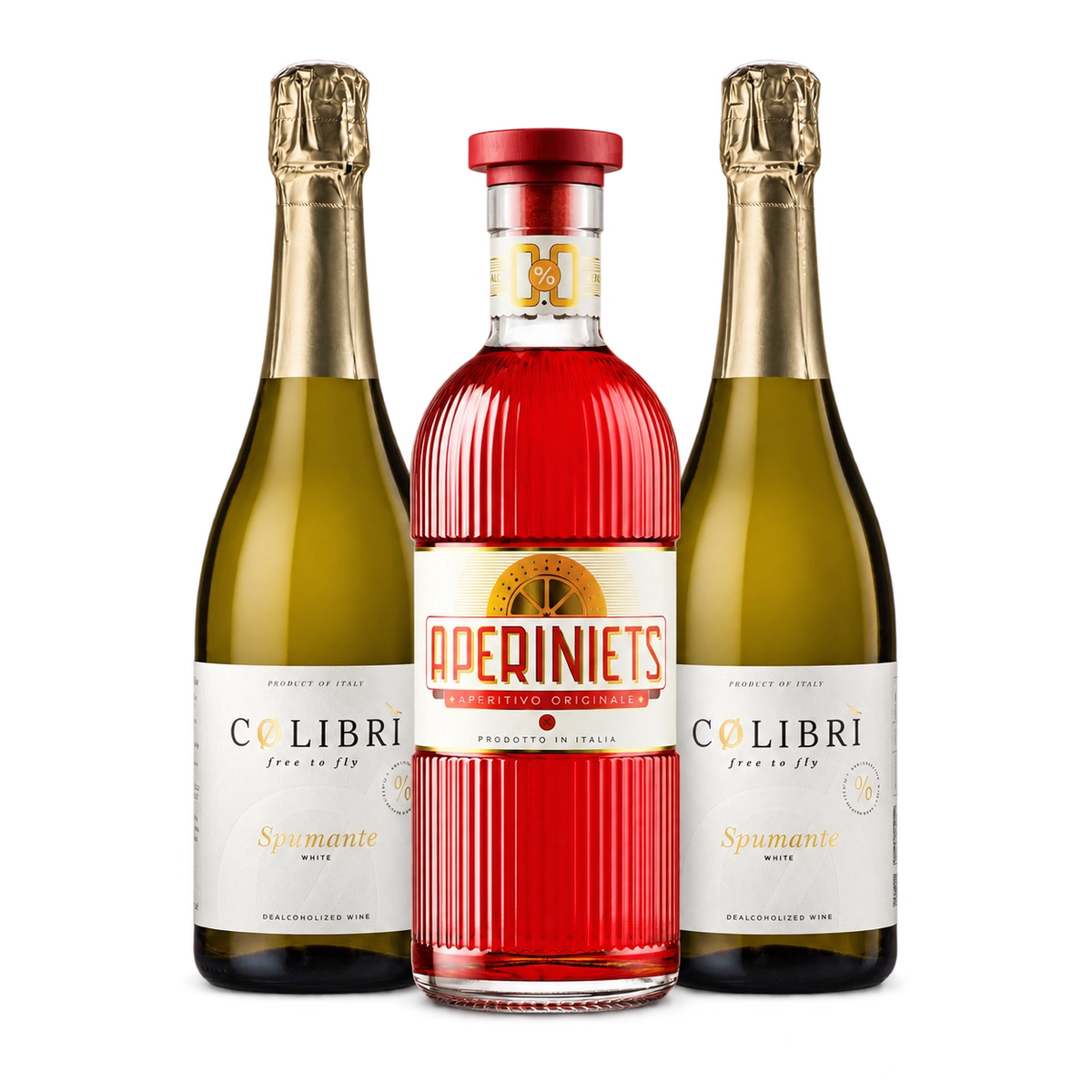 Alcohol-free bundle with two Colibri Spumante White bottles and one Aperiniets aperitif bottle.