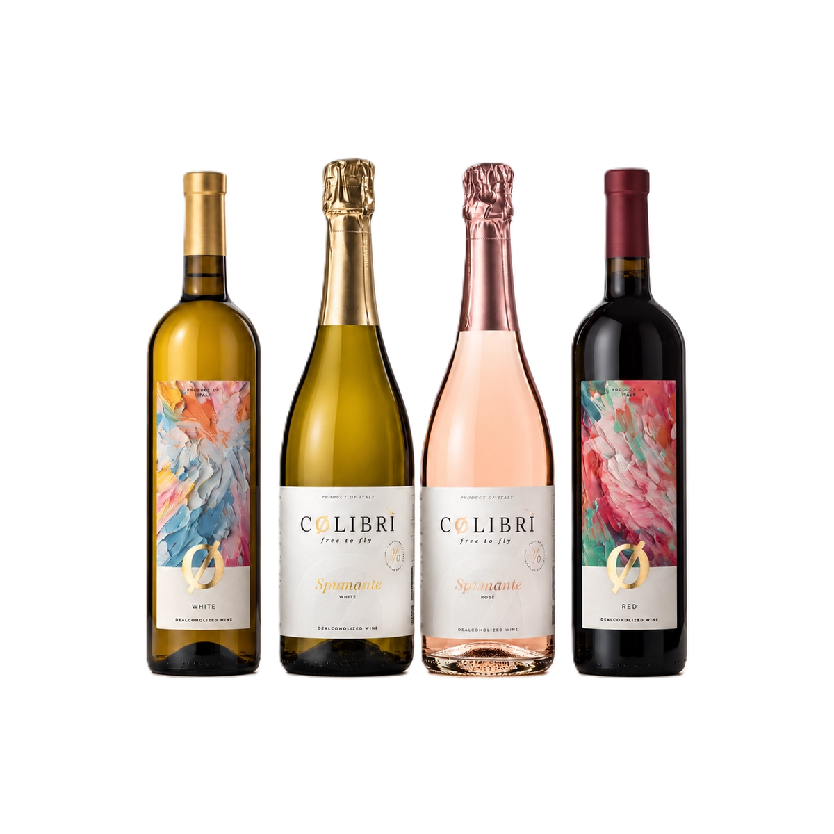 Alcohol-free wine bundle with four Colibri bottles: White, Spumante White, Spumante Rosé, and Red.