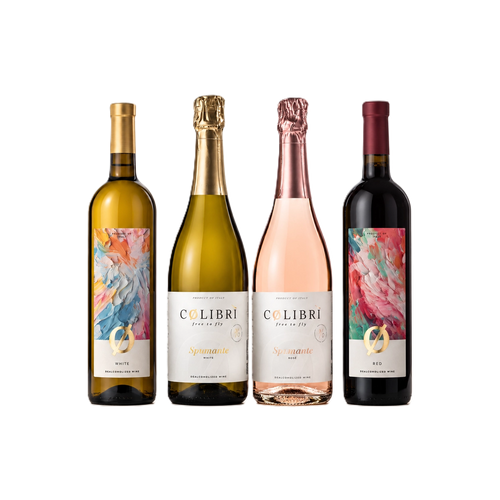 Alcohol-free wine bundle with four Colibri bottles: White, Spumante White, Spumante Rosé, and Red.