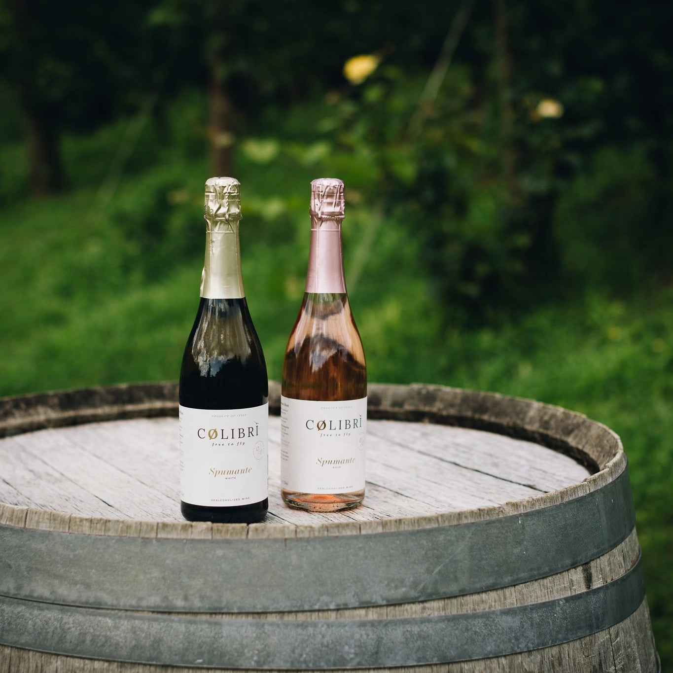 Colibri alcohol-free sparkling wines rosé and white on wooden barrel outdoor setting.