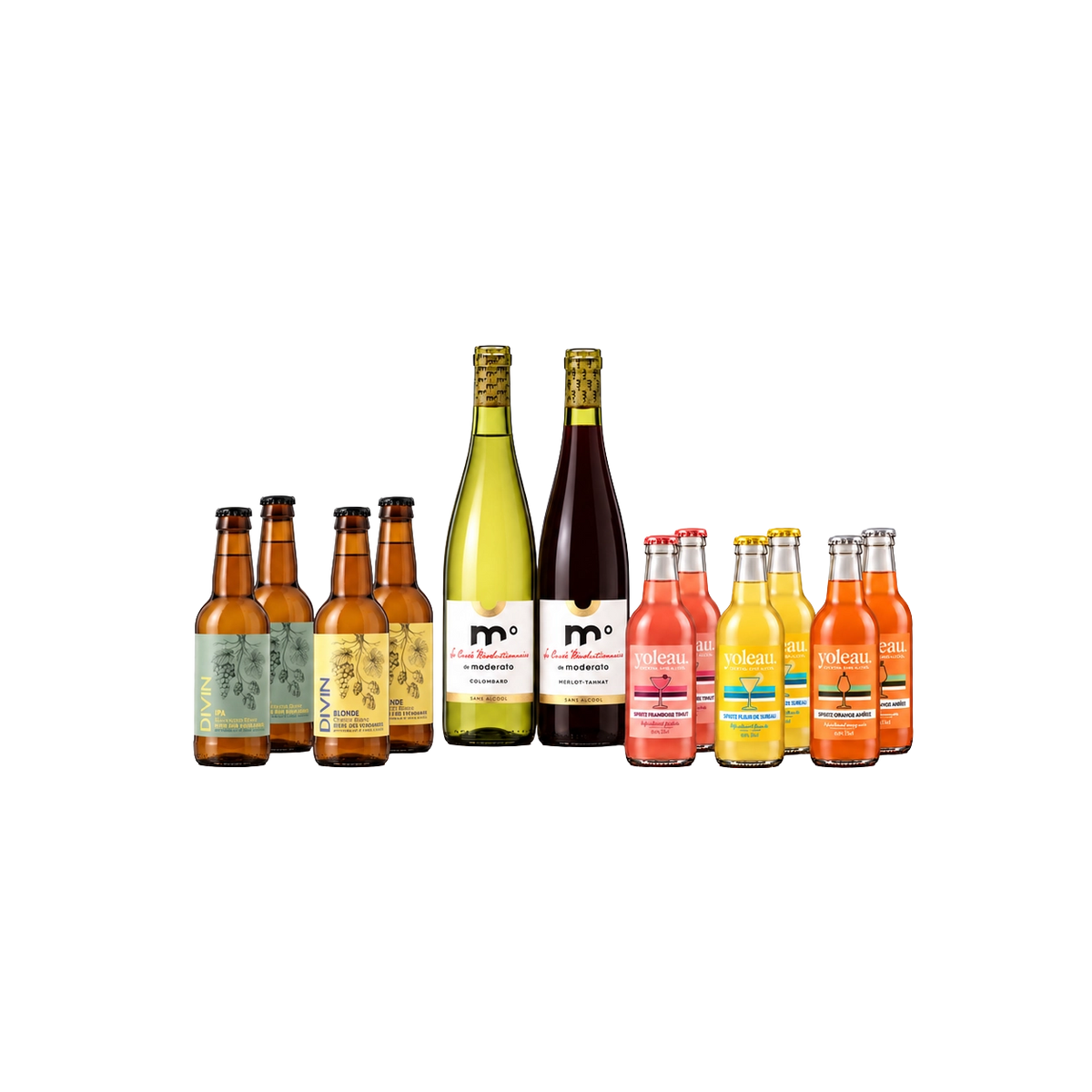 Alcohol-free party bundle with two Divin IPA bottles, two Divin Blonde bottles, one Moderato Colombard bottle, one Moderato Merlot-Tannat bottle, and six Yoleau mocktails in three flavours.