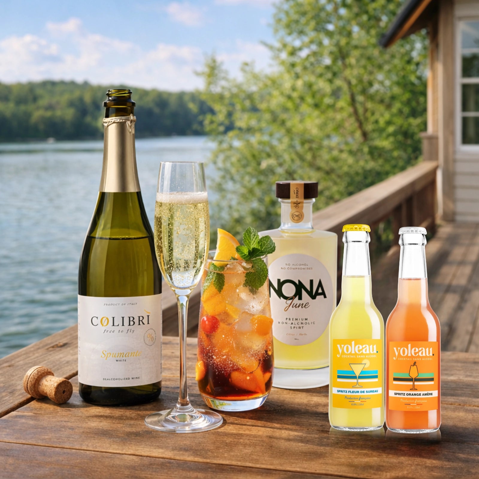 Alcohol-free Long Weekend Escape bundle featuring sparkling wine, NONA spirit and Yoleau mocktails, perfect for relaxing outdoor moments.