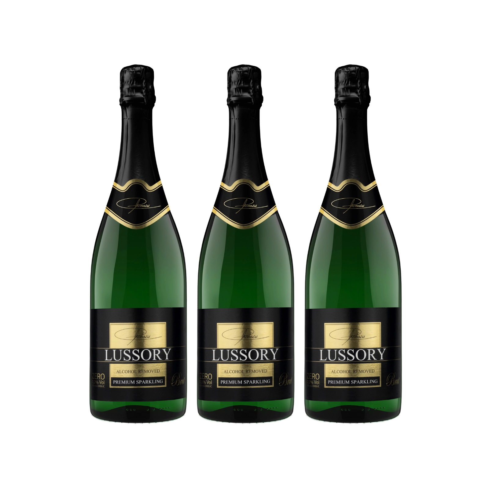 Three bottles of Lussory alcohol-free sparkling wine, premium non-alcoholic sparkling wine bundle.