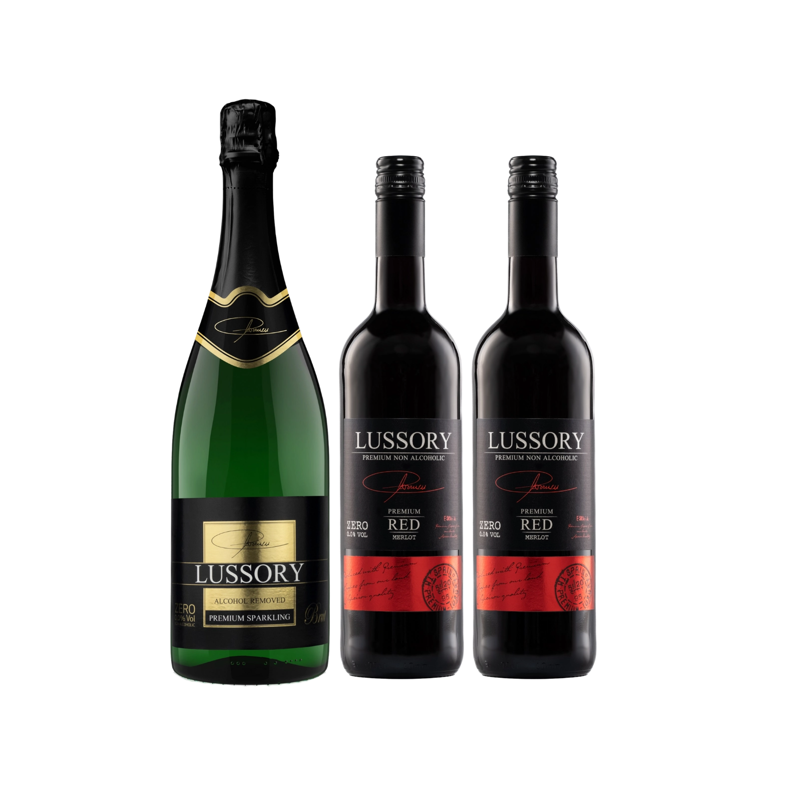 Lussory alcohol-free wine bundle with one sparkling wine and two red wines, premium non-alcoholic selection.
