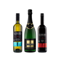 A trio of Lussory non-alcoholic wines featuring Chardonnay White, Premium Sparkling, and Merlot Red bottles against a neutral background.