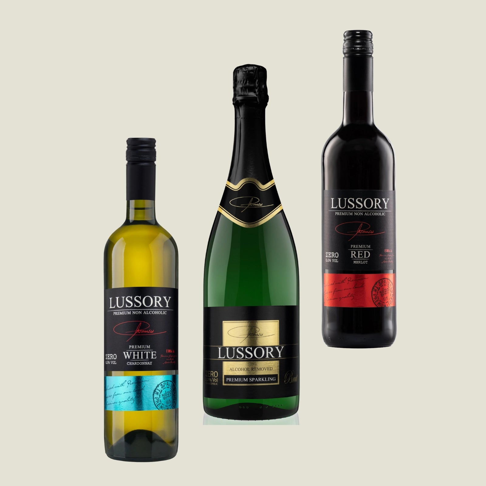 A trio of Lussory non-alcoholic wines featuring Chardonnay White, Premium Sparkling, and Merlot Red bottles against a neutral background.