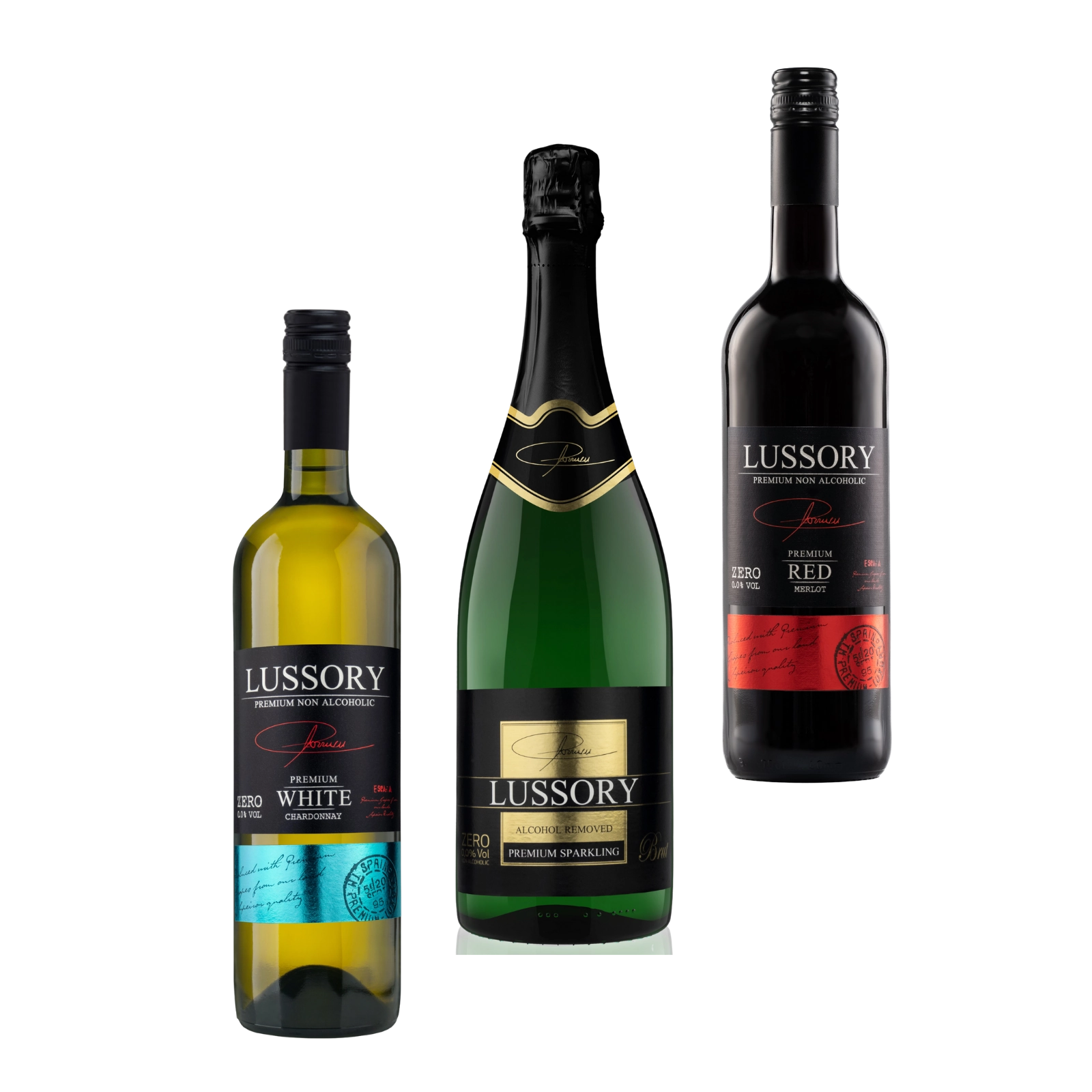 A trio of Lussory non-alcoholic wines featuring Chardonnay White, Premium Sparkling, and Merlot Red bottles against a neutral background.
