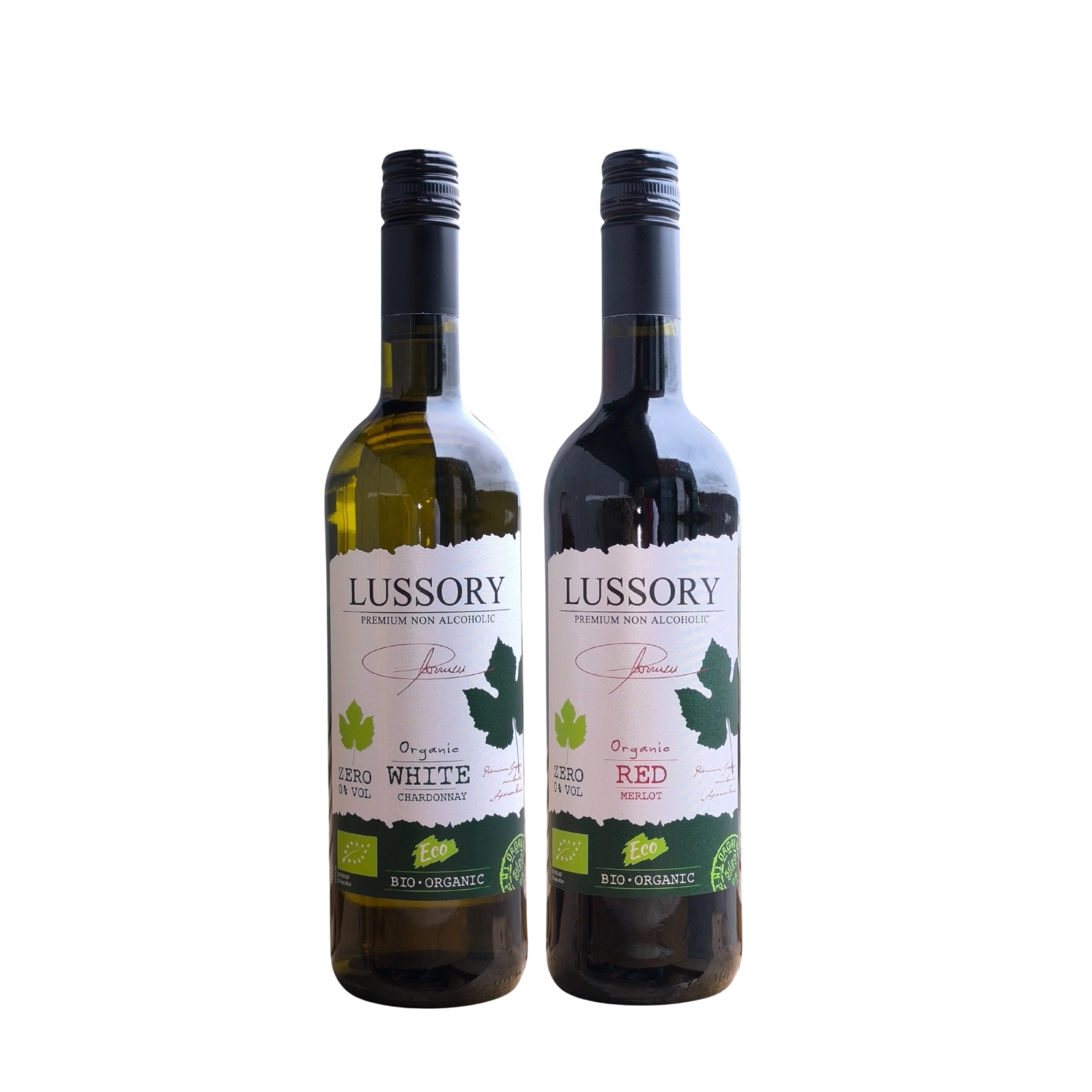 Two bottles of Lussory organic non-alcoholic wine, Chardonnay White and Merlot Red, displayed side by side on a neutral background.