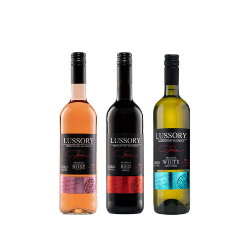 Three bottles of Lussory premium non-alcoholic wines — Rosé, Merlot Red, and Chardonnay White — displayed on a light background.