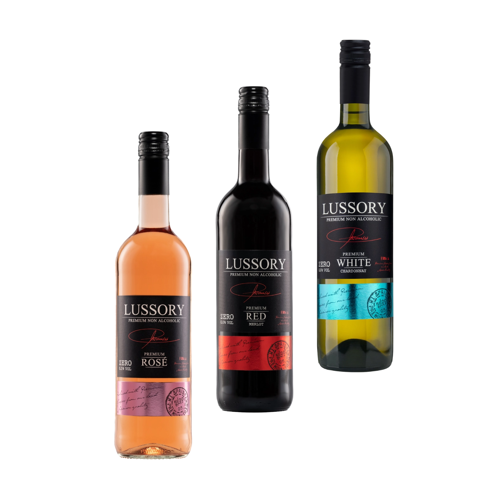 Three bottles of Lussory premium non-alcoholic wines — Rosé, Merlot Red, and Chardonnay White — displayed on a light background.