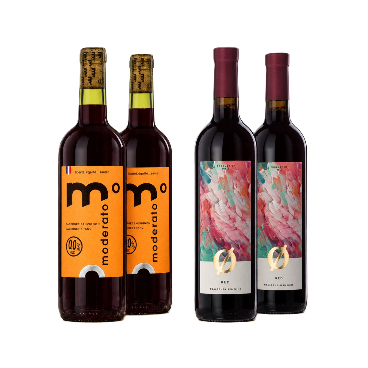 Alcohol-free red wine bundle with two Moderato Red bottles and two Colibri Red bottles.