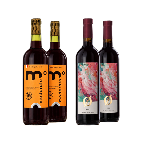Alcohol-free red wine bundle with two Moderato Red bottles and two Colibri Red bottles.