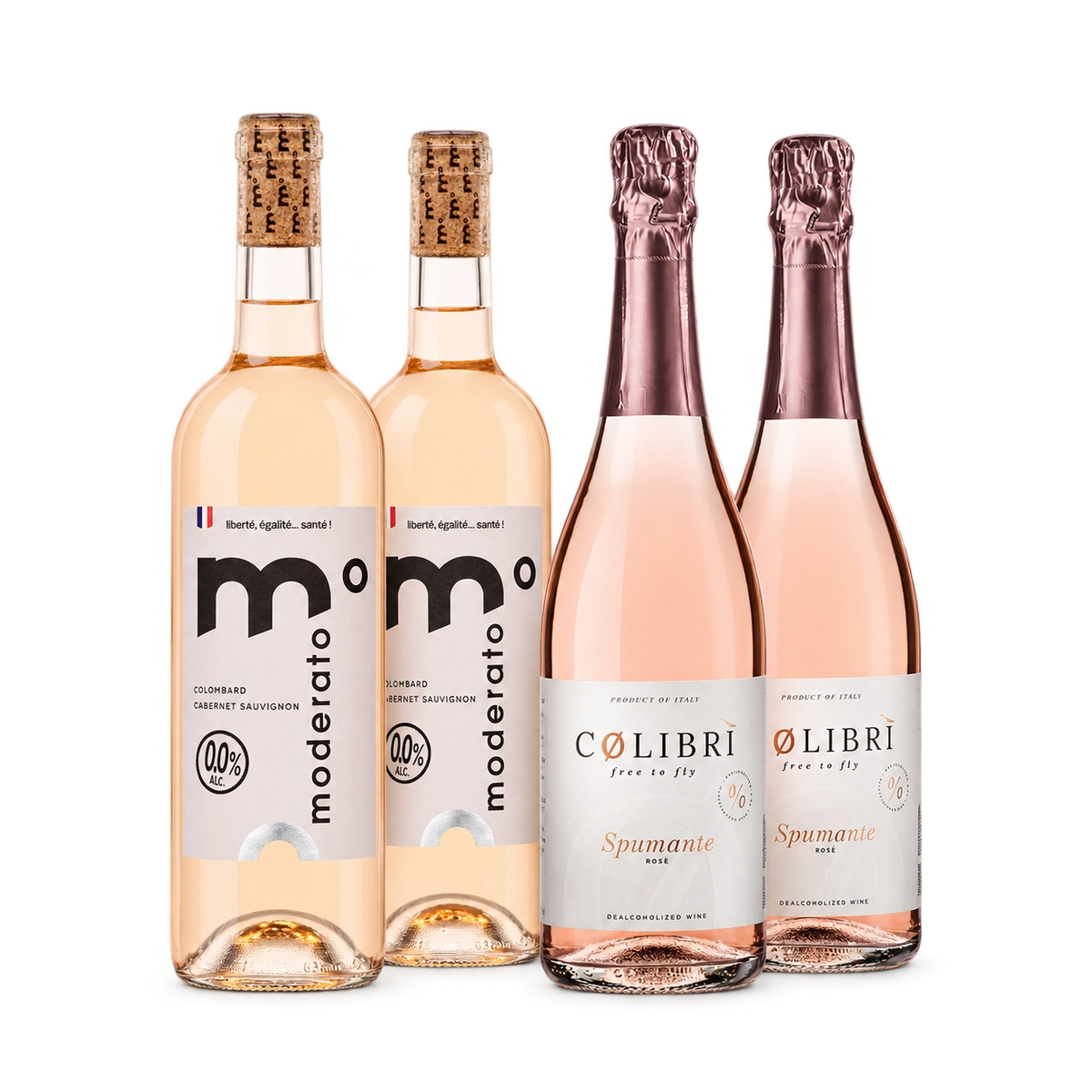 Alcohol-free rosé bundle with two Moderato Rosé bottles and two Colibri Spumante Rosé bottles.