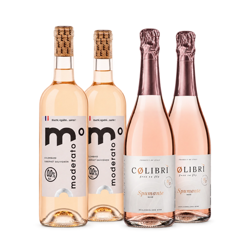 Alcohol-free rosé bundle with two Moderato Rosé bottles and two Colibri Spumante Rosé bottles.