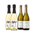 Alcohol-free sparkling white wine set with two Moderato Originale Le Pétillant Colombard bottles and two Colibrì Spumante White Glera bottles.