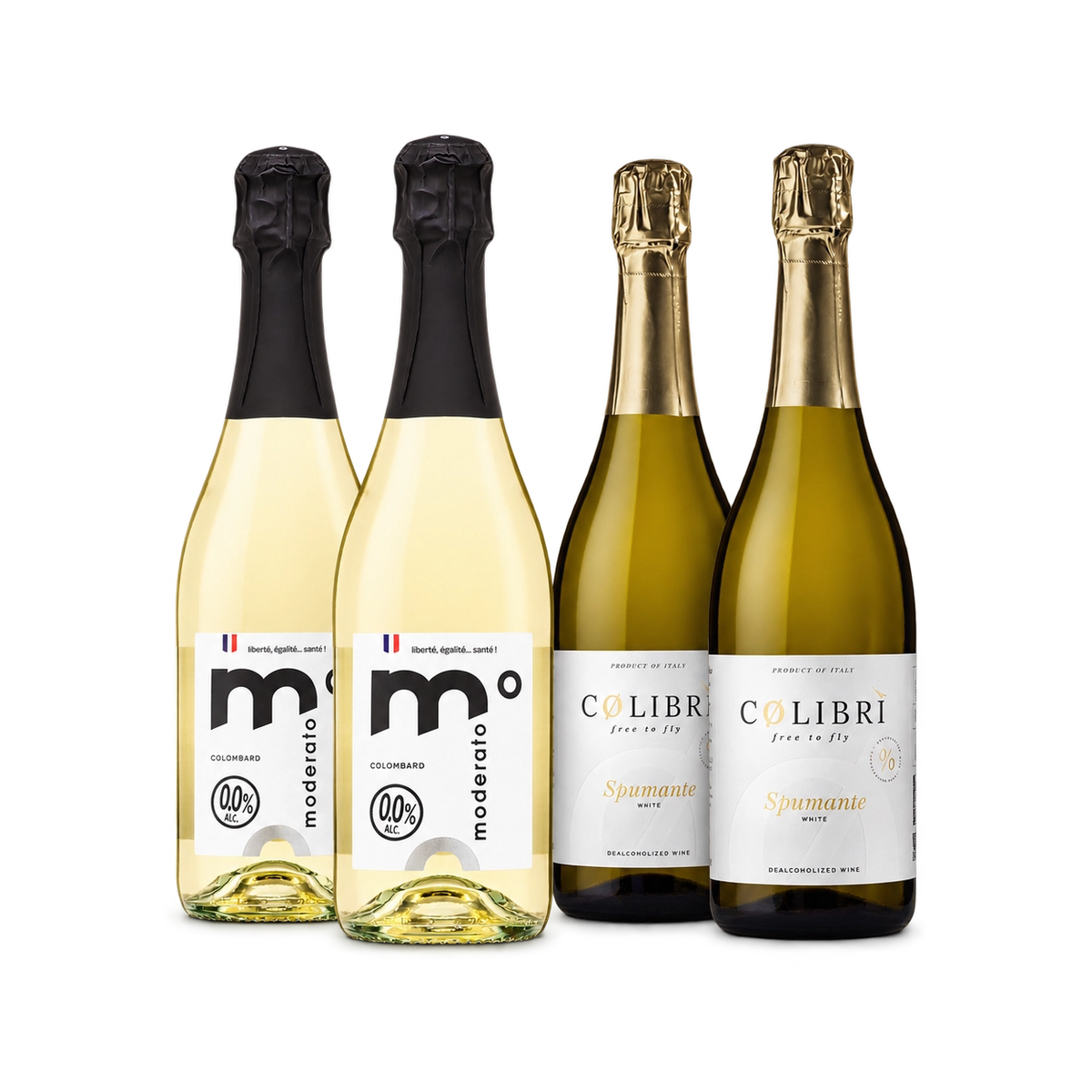 Alcohol-free sparkling white wine set with two Moderato Originale Le Pétillant Colombard bottles and two Colibrì Spumante White Glera bottles.