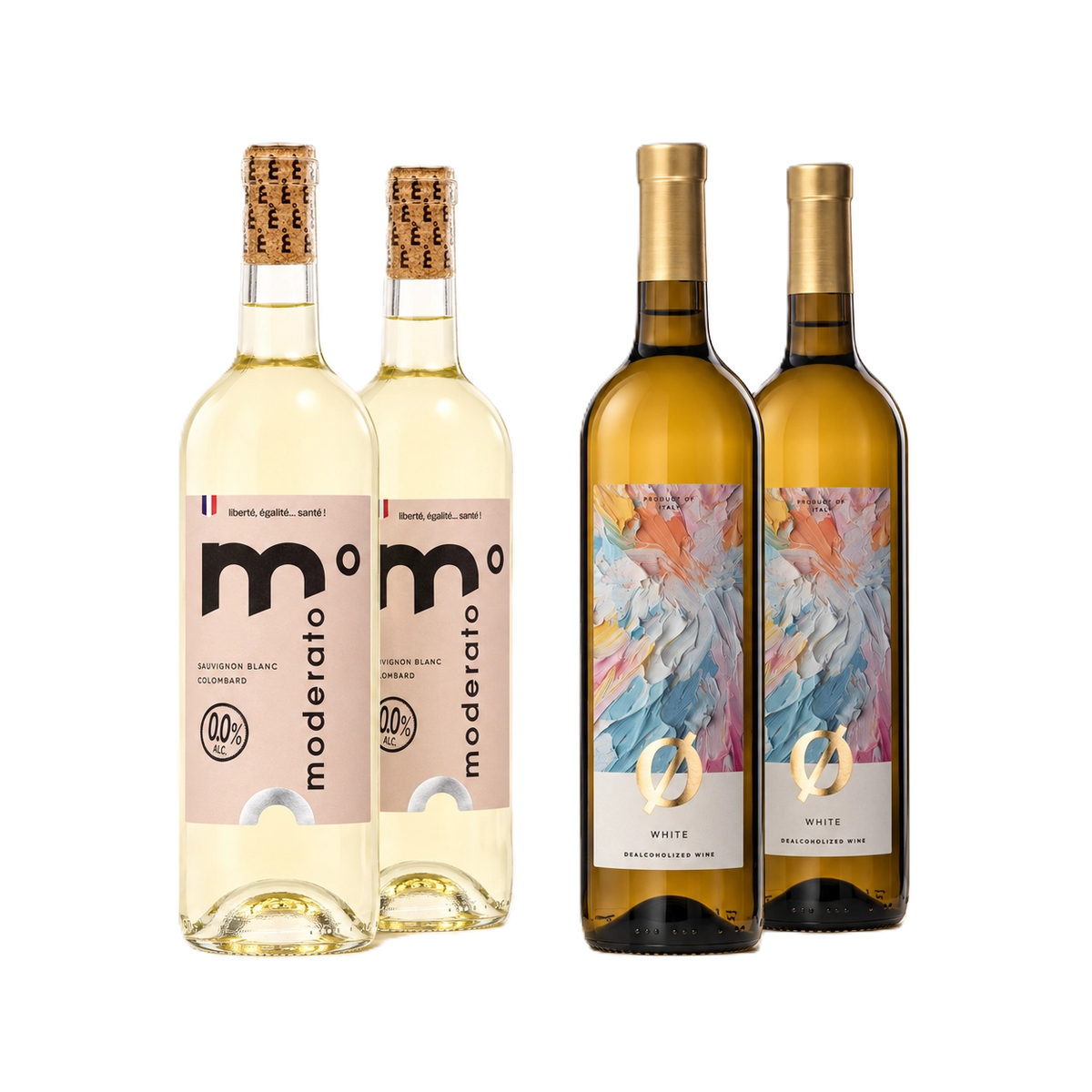 Alcohol-free white wine bundle with two Moderato White bottles and two Colibri White bottles.