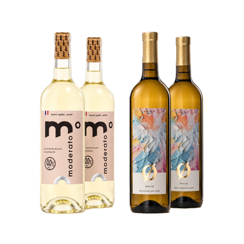 Alcohol-free white wine bundle with two Moderato White bottles and two Colibri White bottles.