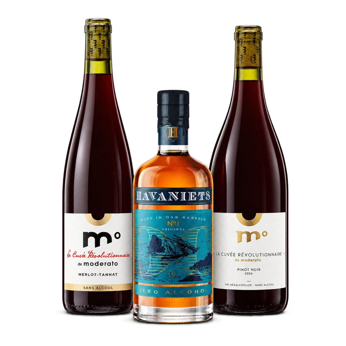 Alcohol-free bundle with one Moderato Merlot-Tannat bottle, one Havaniets bottle, and one Moderato Pinot Noir bottle.