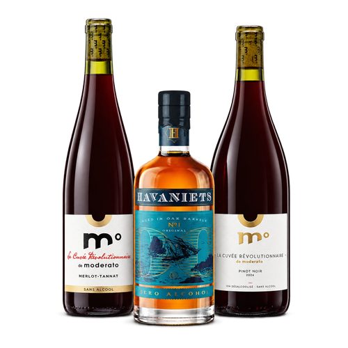 Alcohol-free bundle with one Moderato Merlot-Tannat bottle, one Havaniets bottle, and one Moderato Pinot Noir bottle.