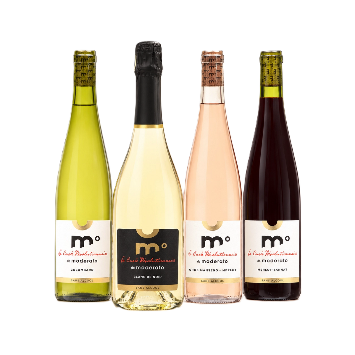 Alcohol-free wine bundle with four Moderato bottles: Colombard, Blanc de Noir, Rosé, and Merlot-Tannat.