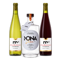 Alcohol-free bundle with one Moderato Colombard bottle, one NONA June bottle, and one Moderato Merlot-Tannat bottle.