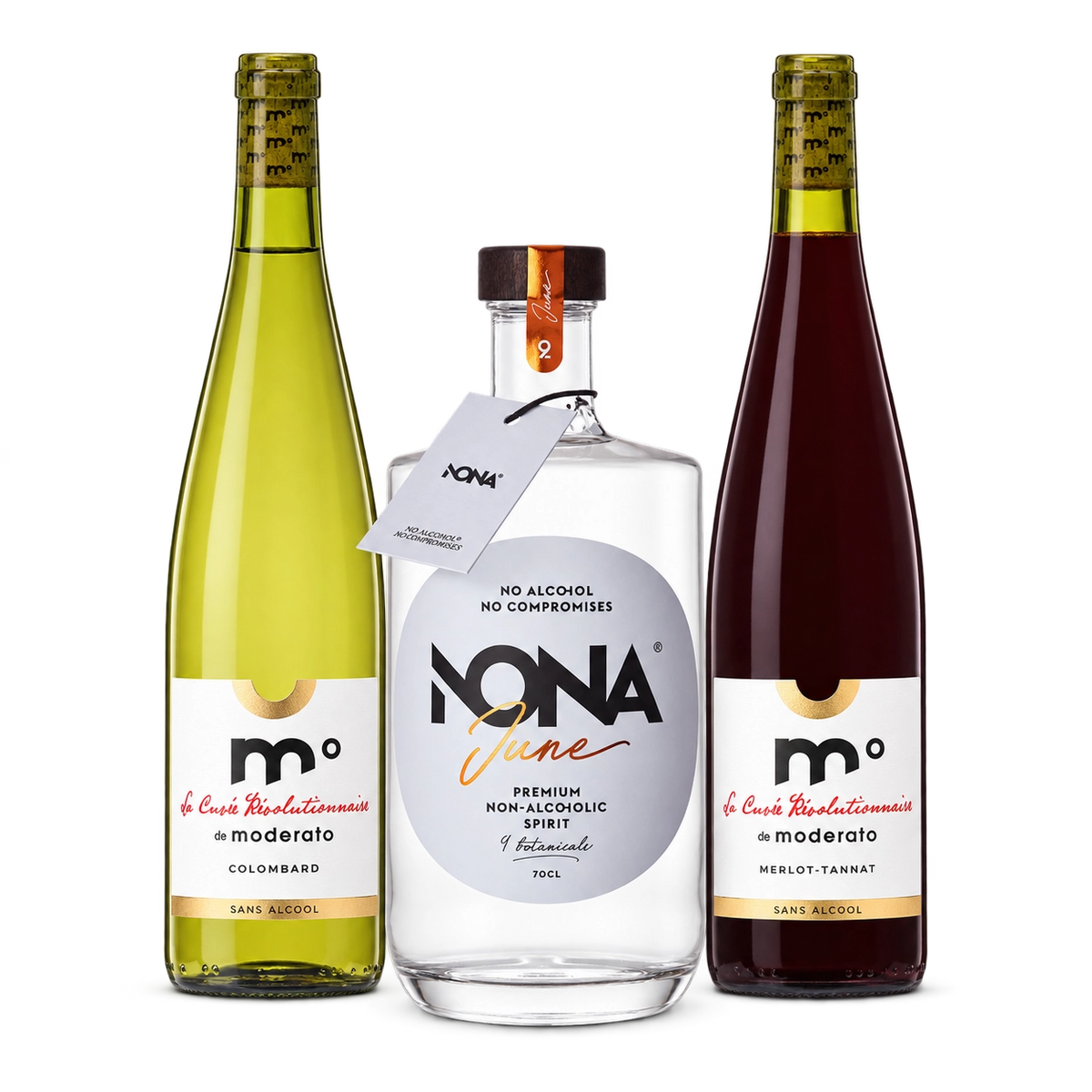 Alcohol-free bundle with one Moderato Colombard bottle, one NONA June bottle, and one Moderato Merlot-Tannat bottle.