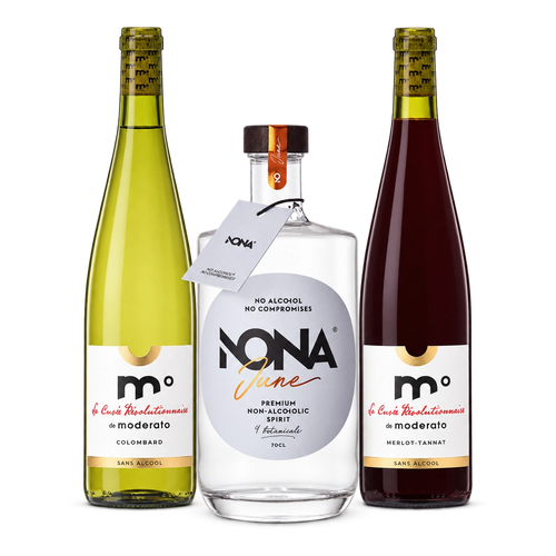 Alcohol-free bundle with one Moderato Colombard bottle, one NONA June bottle, and one Moderato Merlot-Tannat bottle.