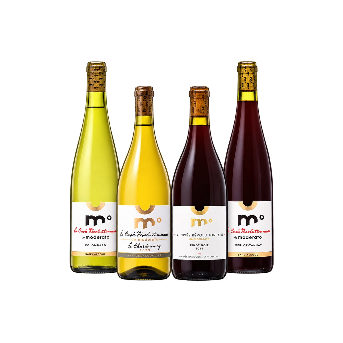 Alcohol-free wine bundle with four Moderato bottles: Colombard, Chardonnay, Pinot Noir, and Merlot-Tannat.