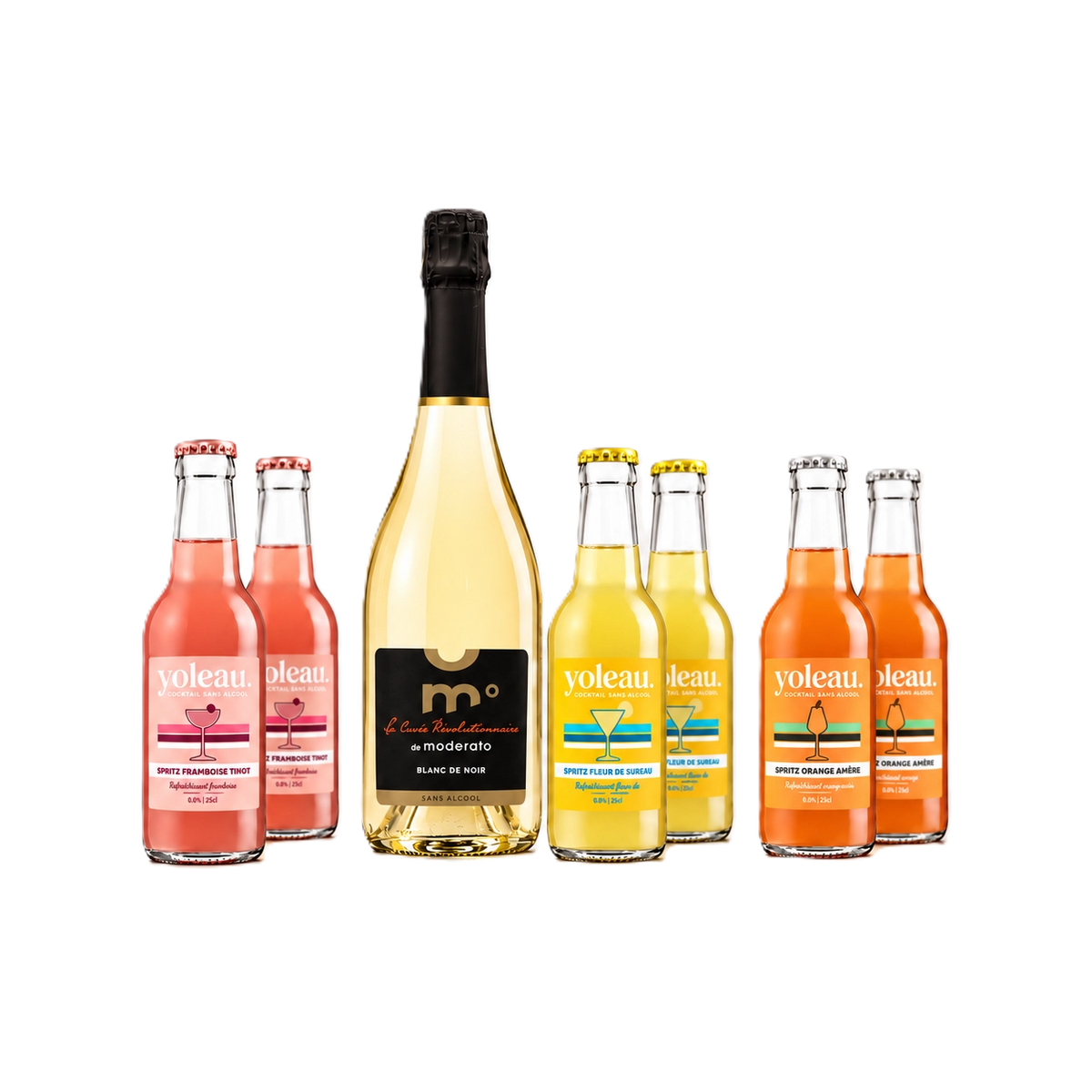 Alcohol-free celebration bundle with one Moderato Blanc de Noir bottle and six Yoleau mocktails in raspberry, elderflower, and bitter orange flavours.