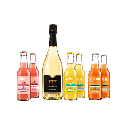 Alcohol-free celebration bundle with one Moderato Blanc de Noir bottle and six Yoleau mocktails in raspberry, elderflower, and bitter orange flavours.