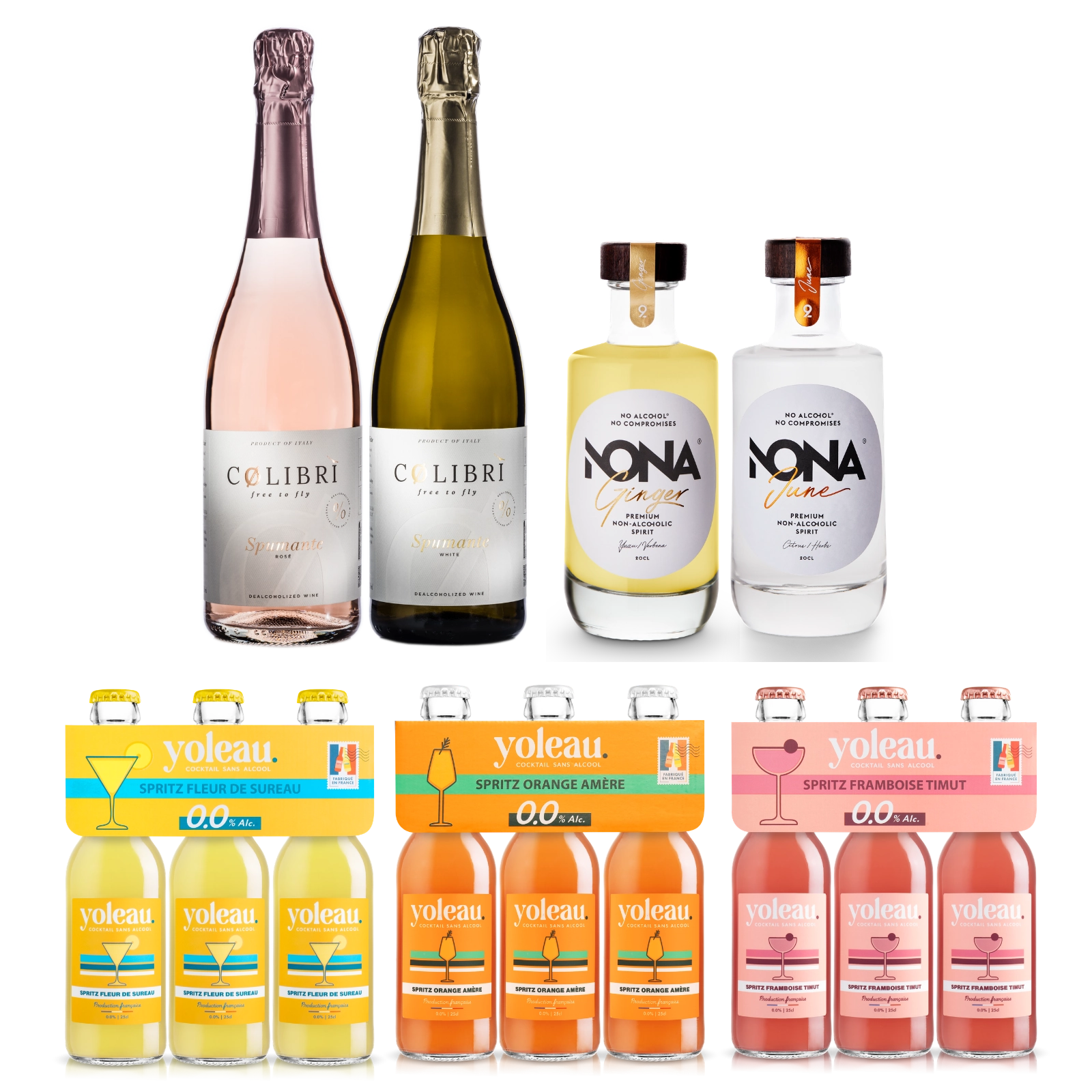 Premium alcohol-free drinks bundle with Colibri sparkling wines, NONA spirits and Yoleau spritz packs.
