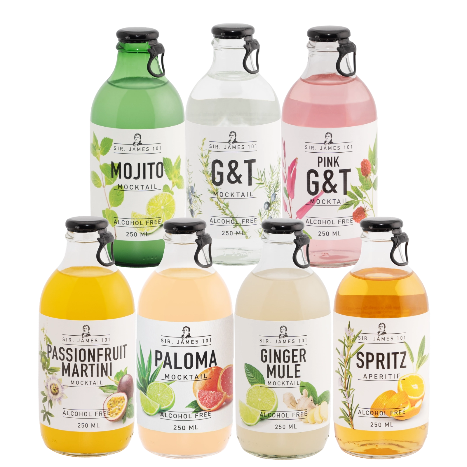 Sir James 101 alcohol-free mocktails full range bottles 250 ml including Mojito, G&T, Pink G&T, Paloma, Ginger Mule, Spritz and Passionfruit Martini